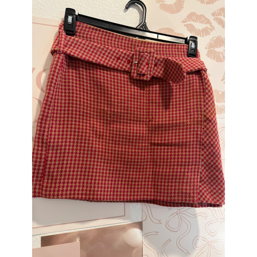 Mango Basics Red Houndstooth Belted Mini Skirt Size Medium
